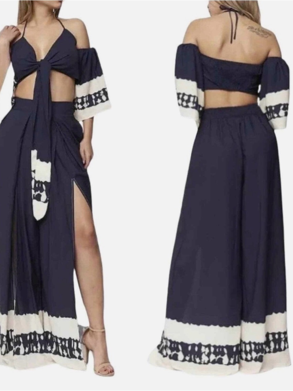 L'ATISTE Navy Blue & Cream Printed Pants Set